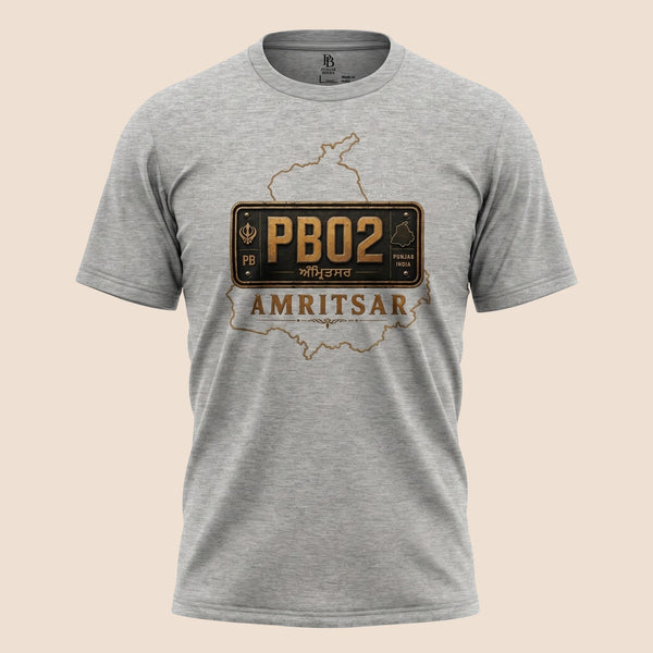 PUNJAB BOLDA grey unisex classic tee featuring an Amritsar PB02 district license plate graphic design.