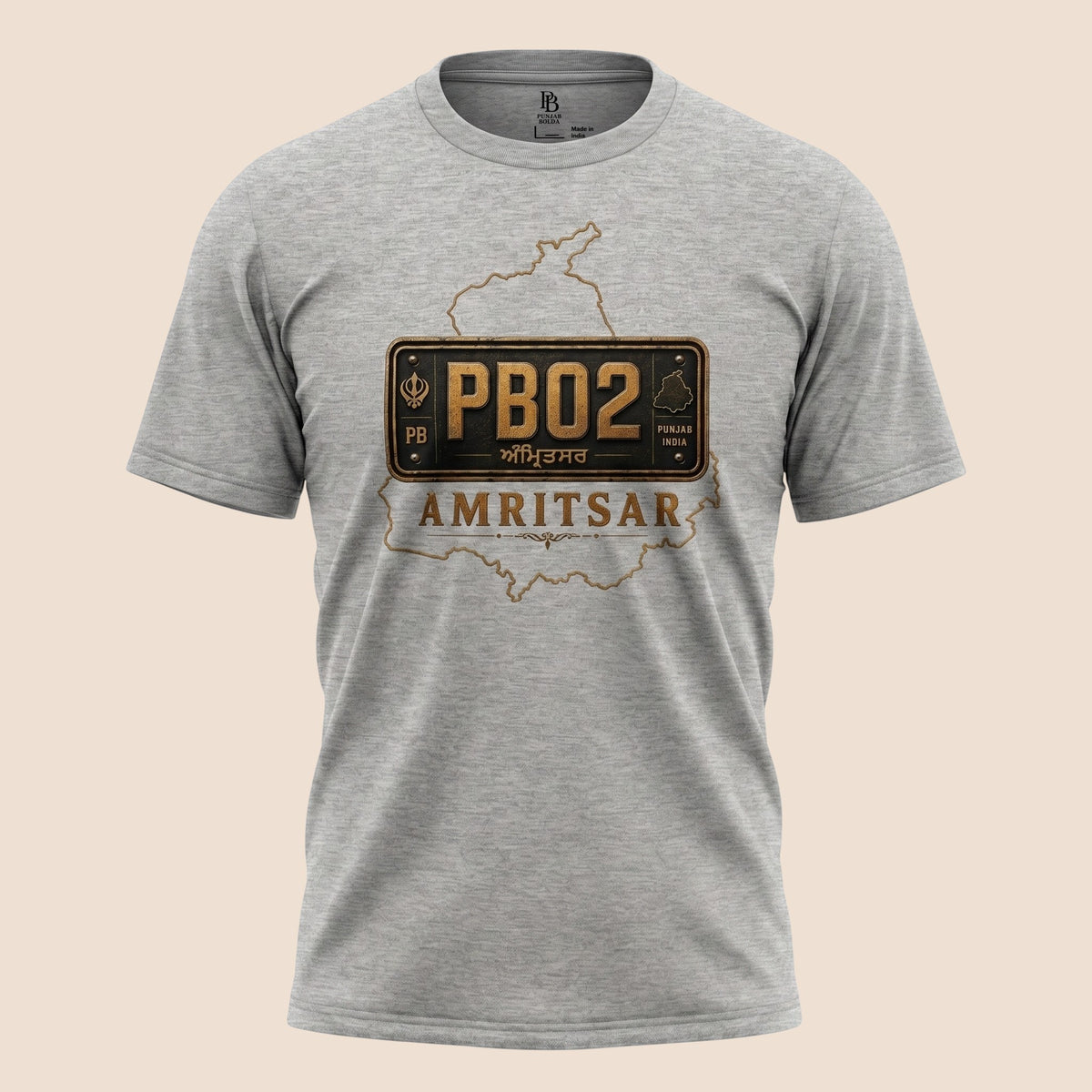 PUNJAB BOLDA grey unisex classic tee featuring an Amritsar PB02 district license plate graphic design.