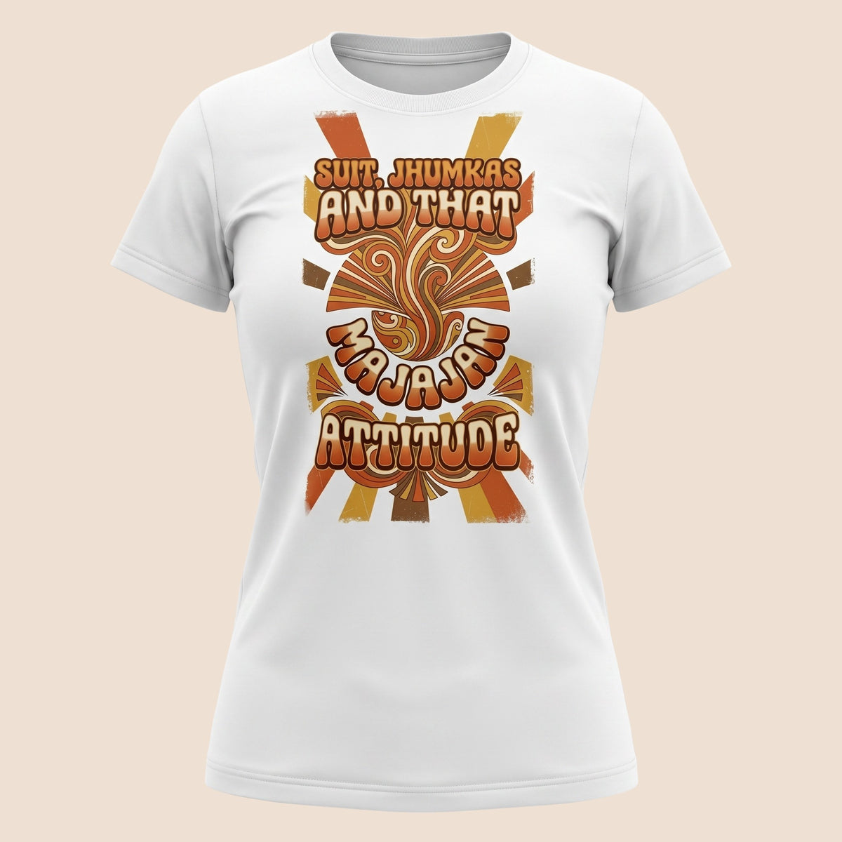 PUNJAB BOLDA white unisex cotton t-shirt featuring retro-style orange and brown graphic text and desi art design.