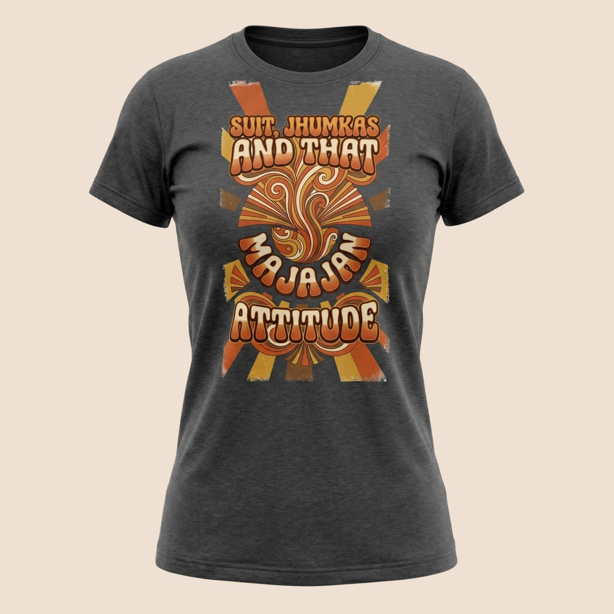 PUNJAB BOLDA charcoal grey unisex cotton t-shirt featuring retro orange and yellow graphic text design.