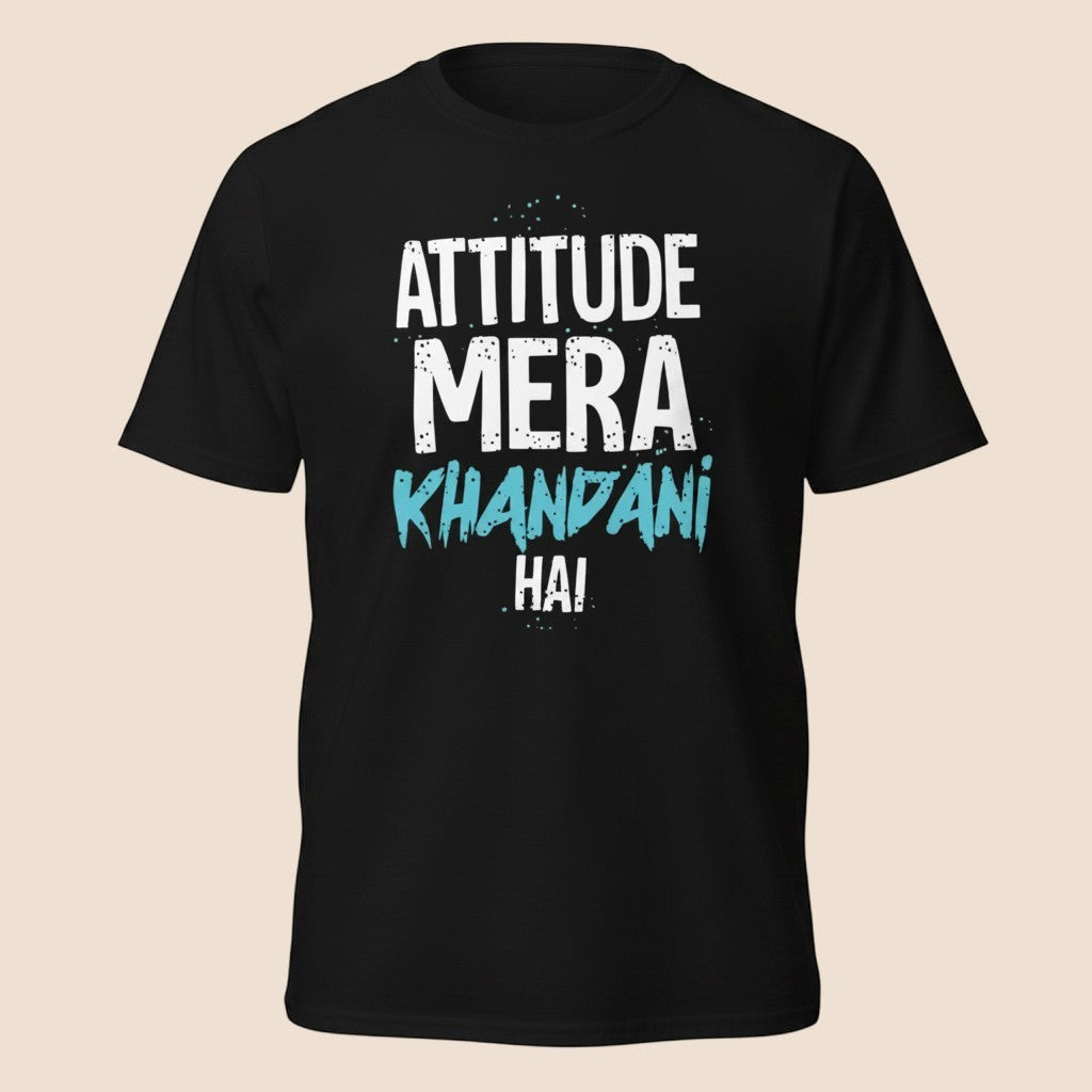 PUNJAB BOLDA black unisex cotton classic tee with white and blue graphic text reading ATTITUDE MERA KHANDANI HAI