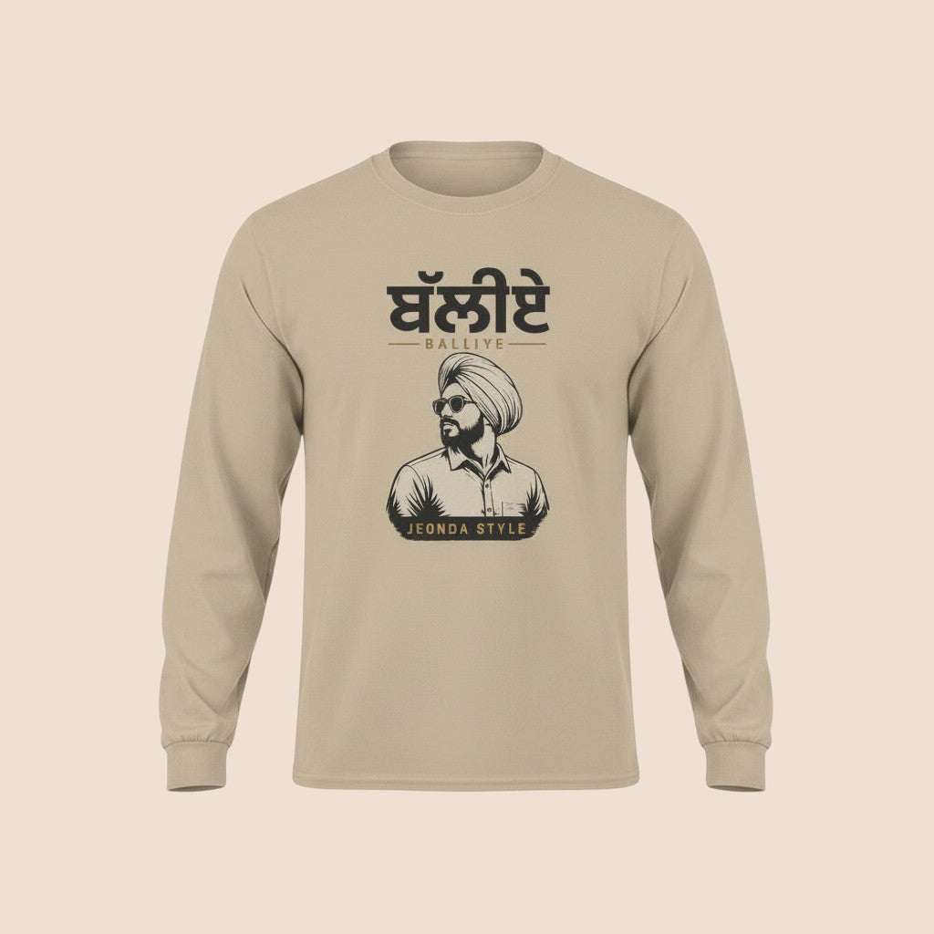 PUNJAB BOLDA beige cotton long sleeve shirt with BALLIYE graphic print featuring a man in a turban and sunglasses.