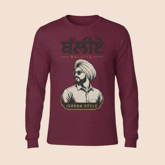 PUNJAB BOLDA maroon long sleeve cotton shirt featuring a graphic of a man in a turban and sunglasses with text.