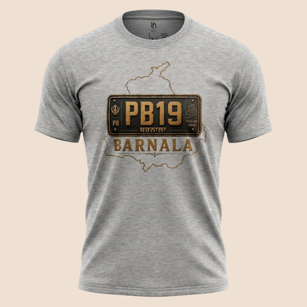 PUNJAB BOLDA grey unisex classic tee featuring a Barnala district license plate graphic and Punjab map outline.