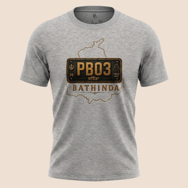 PUNJAB BOLDA grey unisex classic tee featuring a Bathinda district graphic with a vintage license plate design.