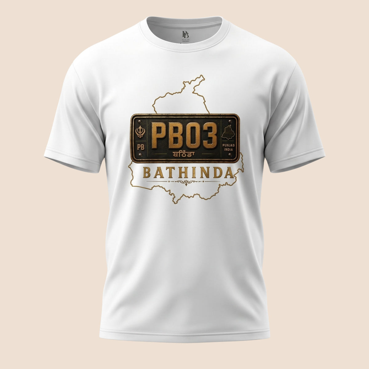 PUNJAB BOLDA white unisex classic tee featuring a Bathinda district graphic with PB03 license plate design.