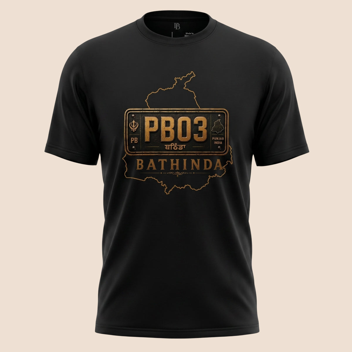 PUNJAB BOLDA black unisex classic tee featuring a gold PB03 Bathinda district license plate graphic design.