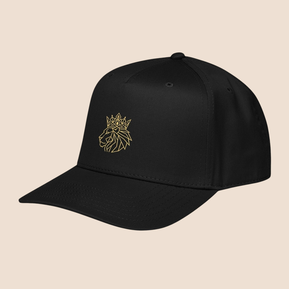 PUNJAB BOLDA black 5 panel cap with gold embroidered crowned lion logo. Polyester-cotton blend with adjustable snap closure.