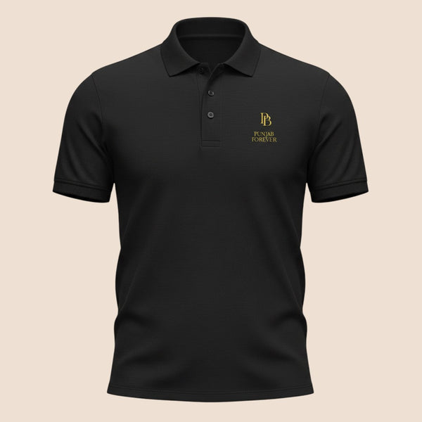 PUNJAB BOLDA black premium pique cotton polo shirt featuring a gold PUNJAB FOREVER logo and 3-button placket.