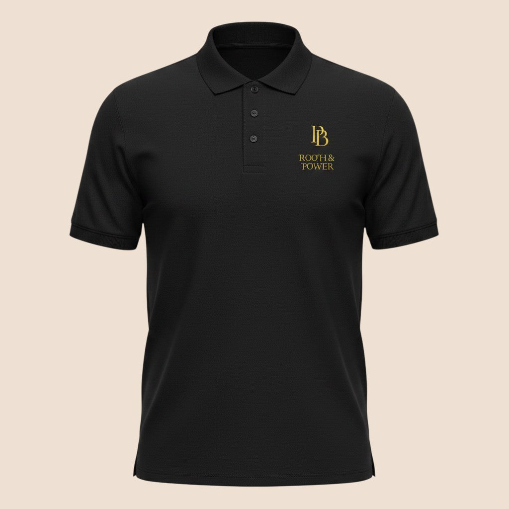 PUNJAB BOLDA black premium pique polo shirt with gold ROOH TO POWER logo, ribbed collar, and 3-button placket.