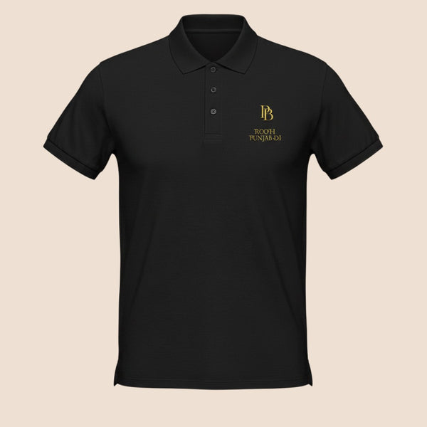 PUNJAB BOLDA black pique cotton polo shirt with ROOH PUNJAB DI gold embroidery and three-button placket.