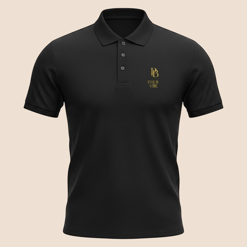 PUNJAB BOLDA black pique polo shirt with gold logo embroidery, ribbed collar, and 3-button placket.