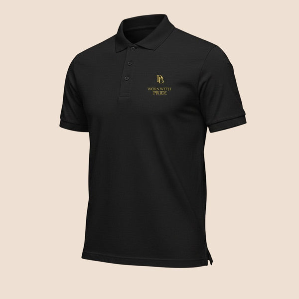 PUNJAB BOLDA black cotton polo shirt with WORN WITH PRIDE gold embroidery, ribbed collar, and 3-button placket.
