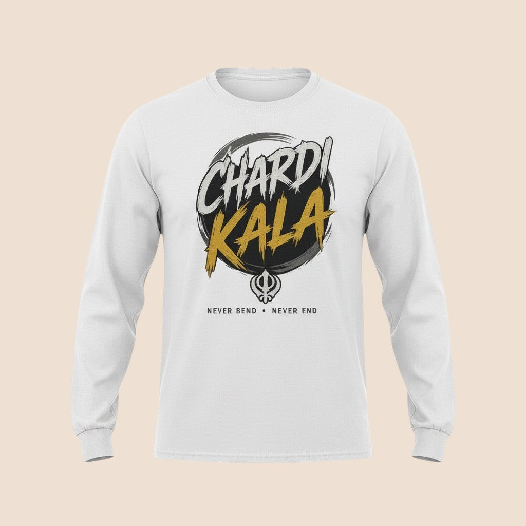 PUNJAB BOLDA white long sleeve cotton shirt with Chardi Kala graphic print and Khanda symbol on the chest.
