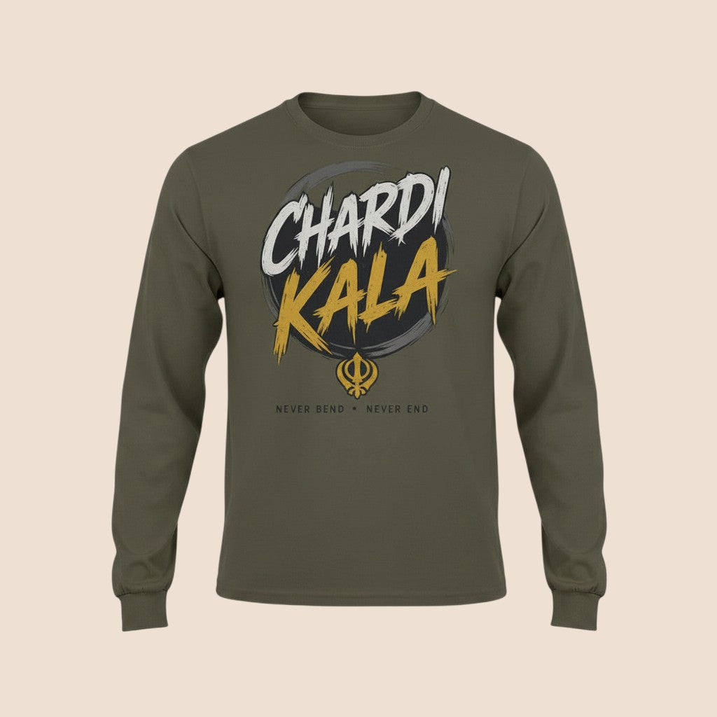 PUNJAB BOLDA olive green long sleeve cotton shirt with Chardi Kala graphic print and Khanda symbol on the chest.
