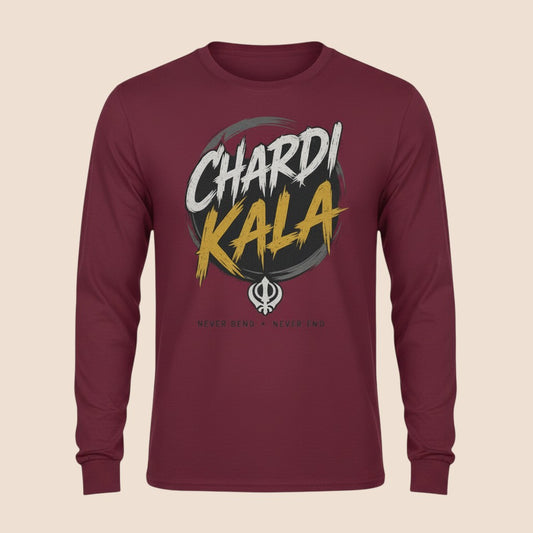 PUNJAB BOLDA maroon long sleeve cotton shirt with Chardi Kala graphic print and Khanda symbol on the chest.