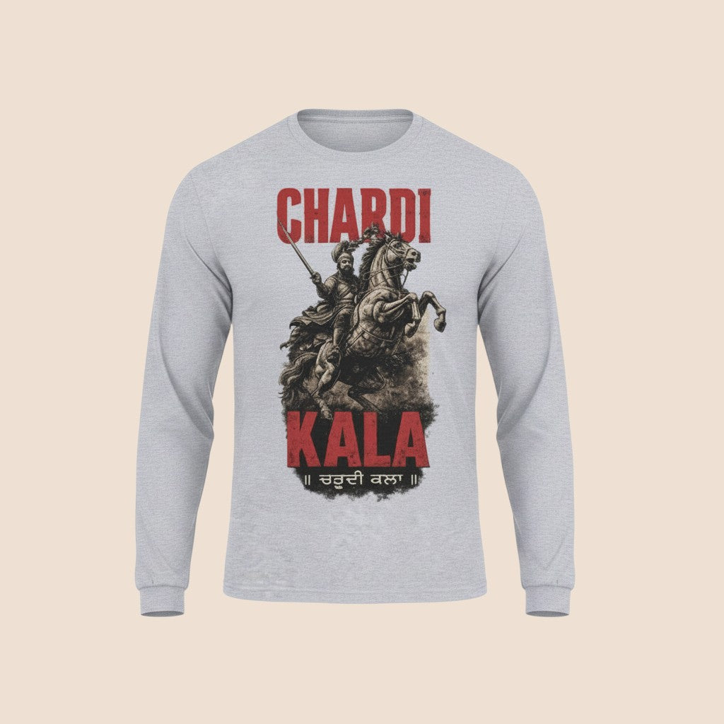 PUNJAB BOLDA grey long sleeve cotton shirt featuring a graphic of a warrior on horseback with Chardi Kala text.
