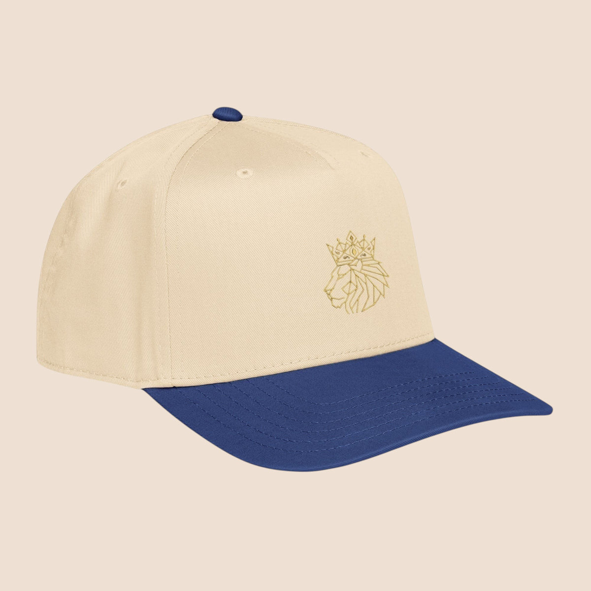 PUNJAB BOLDA beige and blue 5 panel cap with embroidered crowned lion logo on front panel. Polyester-cotton blend.