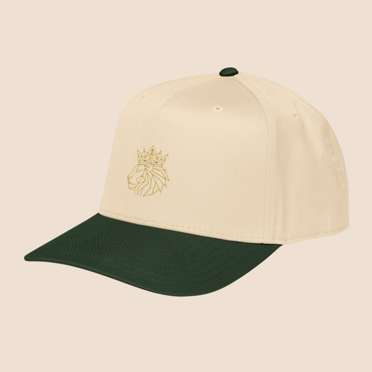 PUNJAB BOLDA crowned lion 5 panel cap in beige with dark green visor and embroidered gold lion graphic.