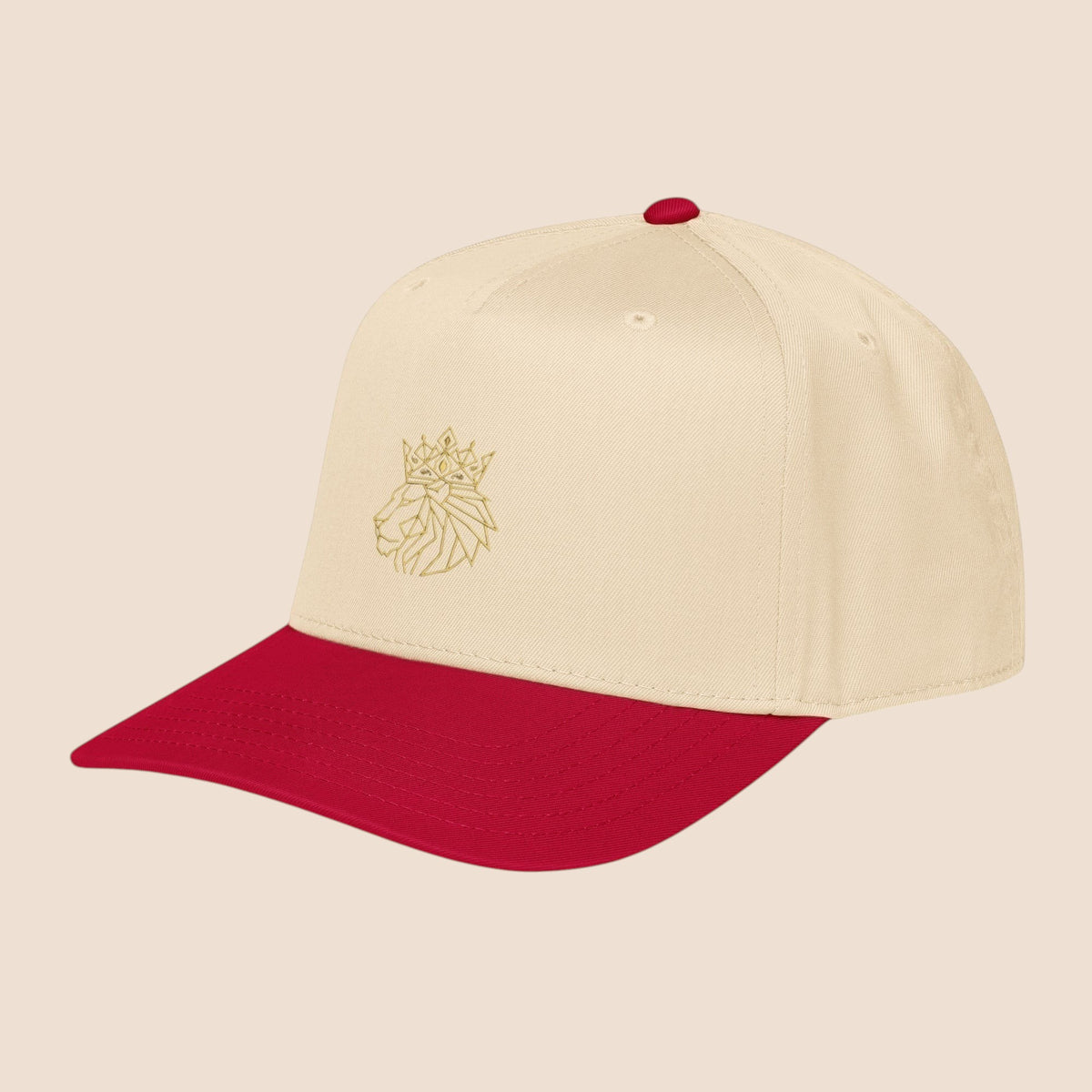 PUNJAB BOLDA beige and red 5 panel cap with embroidered crowned lion logo on front panel. Polyester-cotton blend.