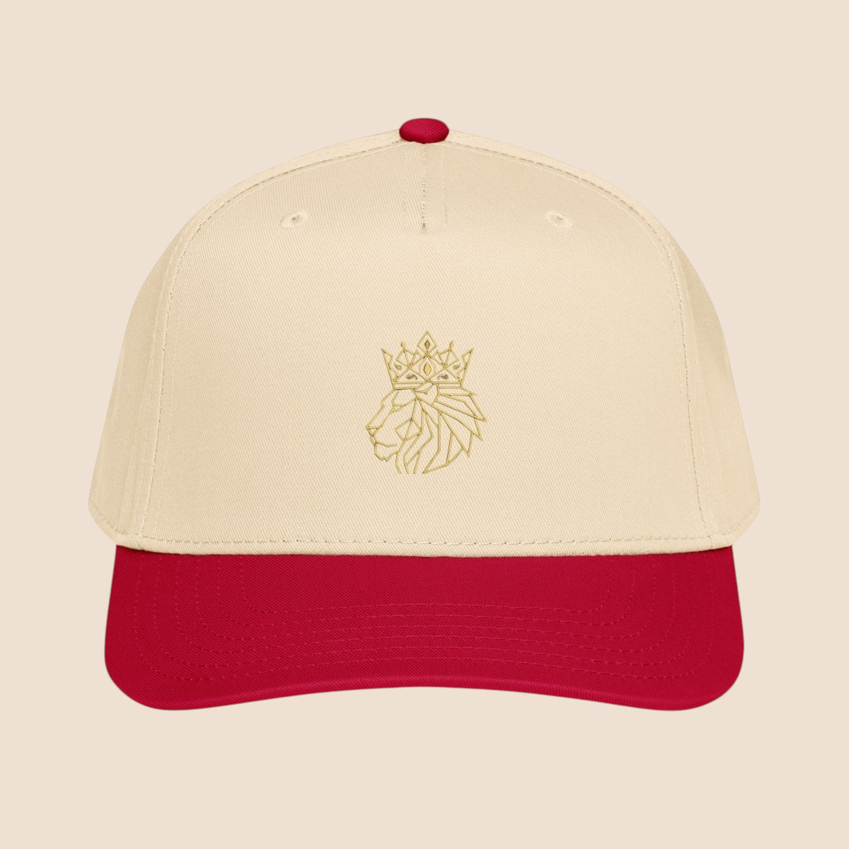 PUNJAB BOLDA crowned lion 5 panel cap in beige with red brim and gold embroidered lion logo