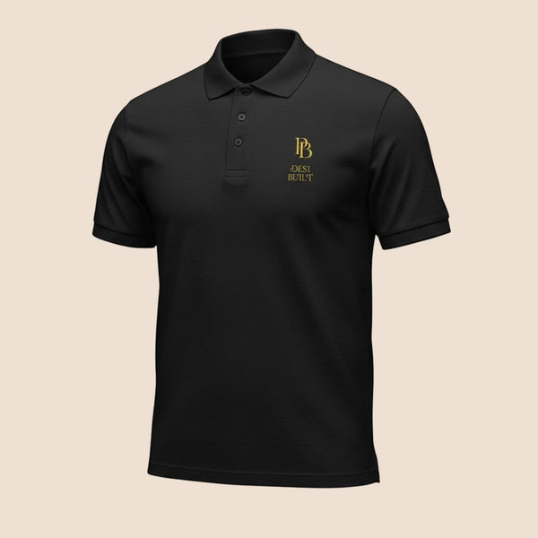 PUNJAB BOLDA black DESI BUILT premium pique polo shirt with gold logo embroidery and 3-button placket.