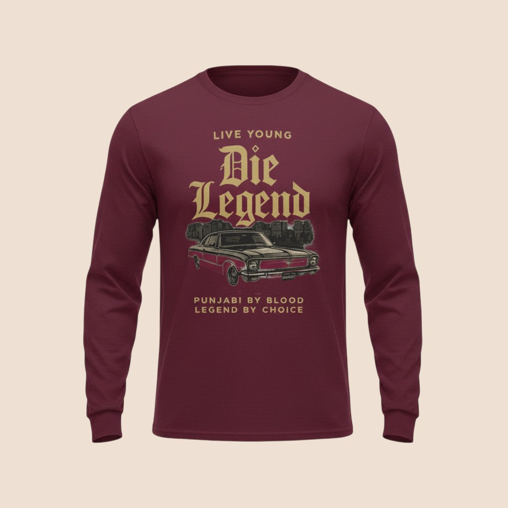 PUNJAB BOLDA maroon long sleeve cotton shirt featuring a vintage car graphic and DIE LEGEND text print.