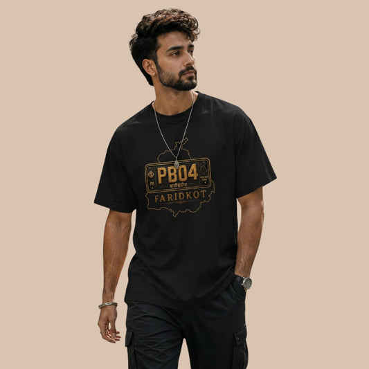 PUNJAB BOLDA black cotton unisex classic tee with Faridkot district graphic and license plate detail.