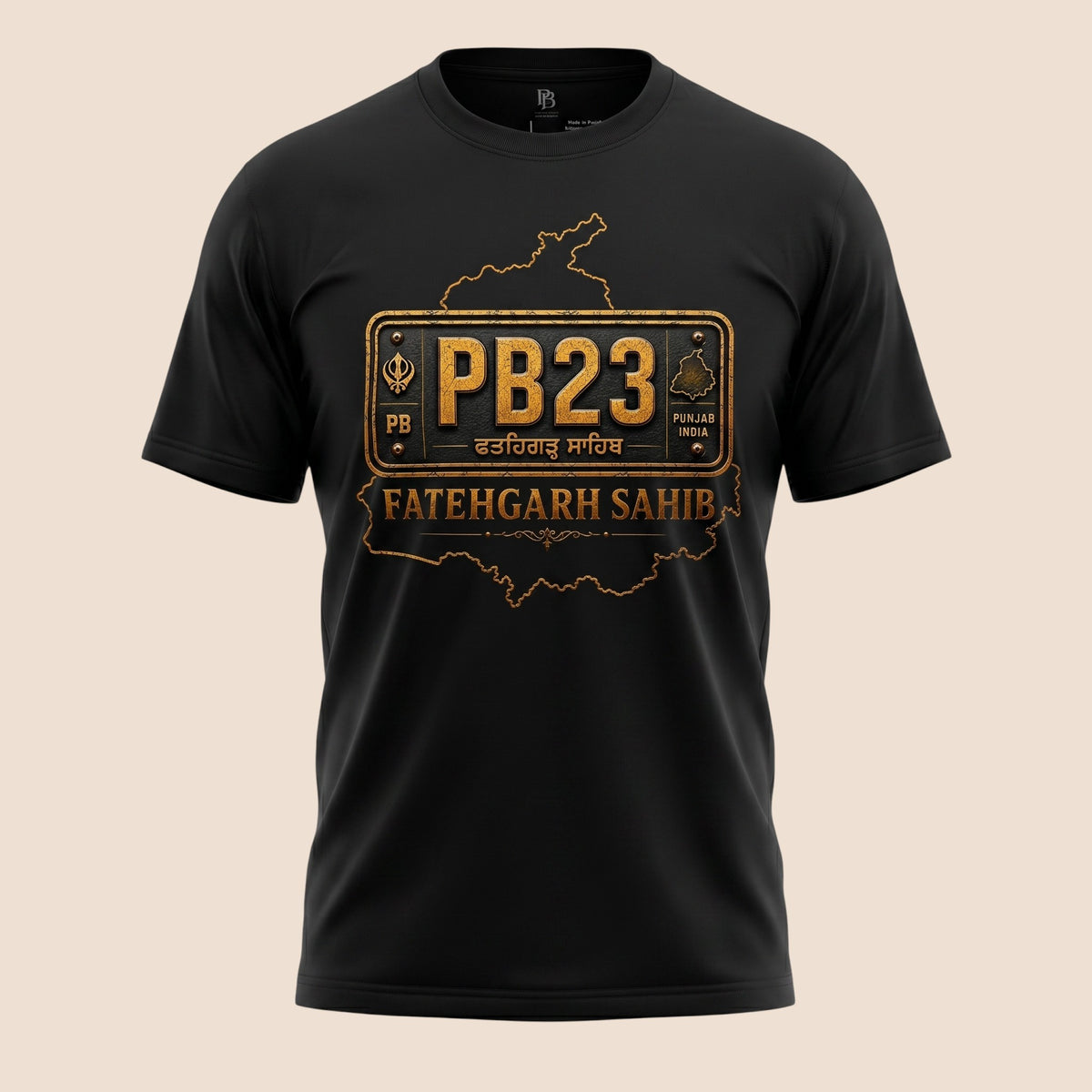 PUNJAB BOLDA black unisex classic tee featuring a gold PB23 Fatehgarh Sahib district graphic and heritage design.