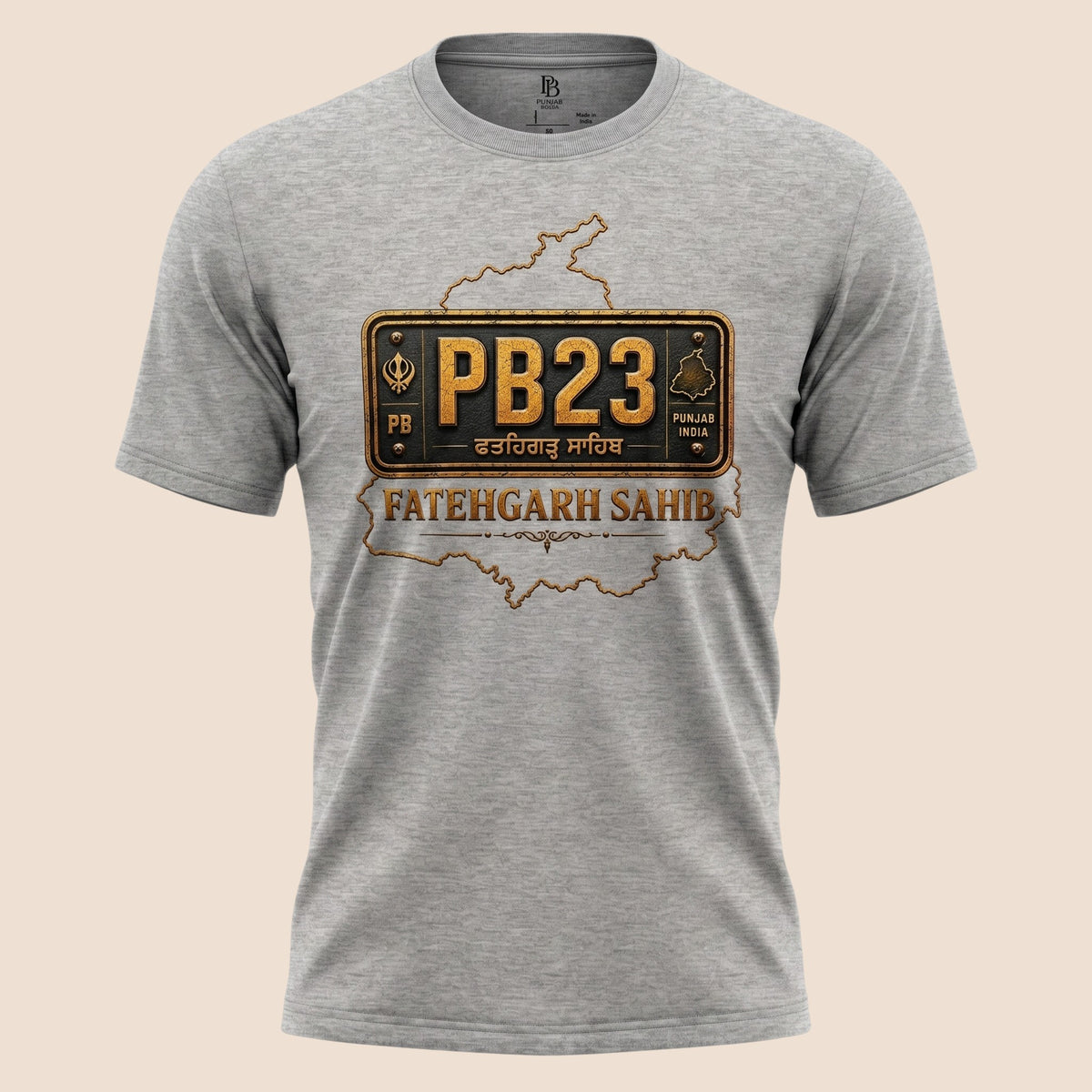 PUNJAB BOLDA grey unisex classic tee featuring a Fatehgarh Sahib PB23 license plate graphic and district map design.