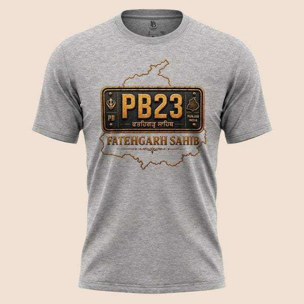 PUNJAB BOLDA grey unisex classic tee featuring a Fatehgarh Sahib PB23 license plate graphic and district map design.