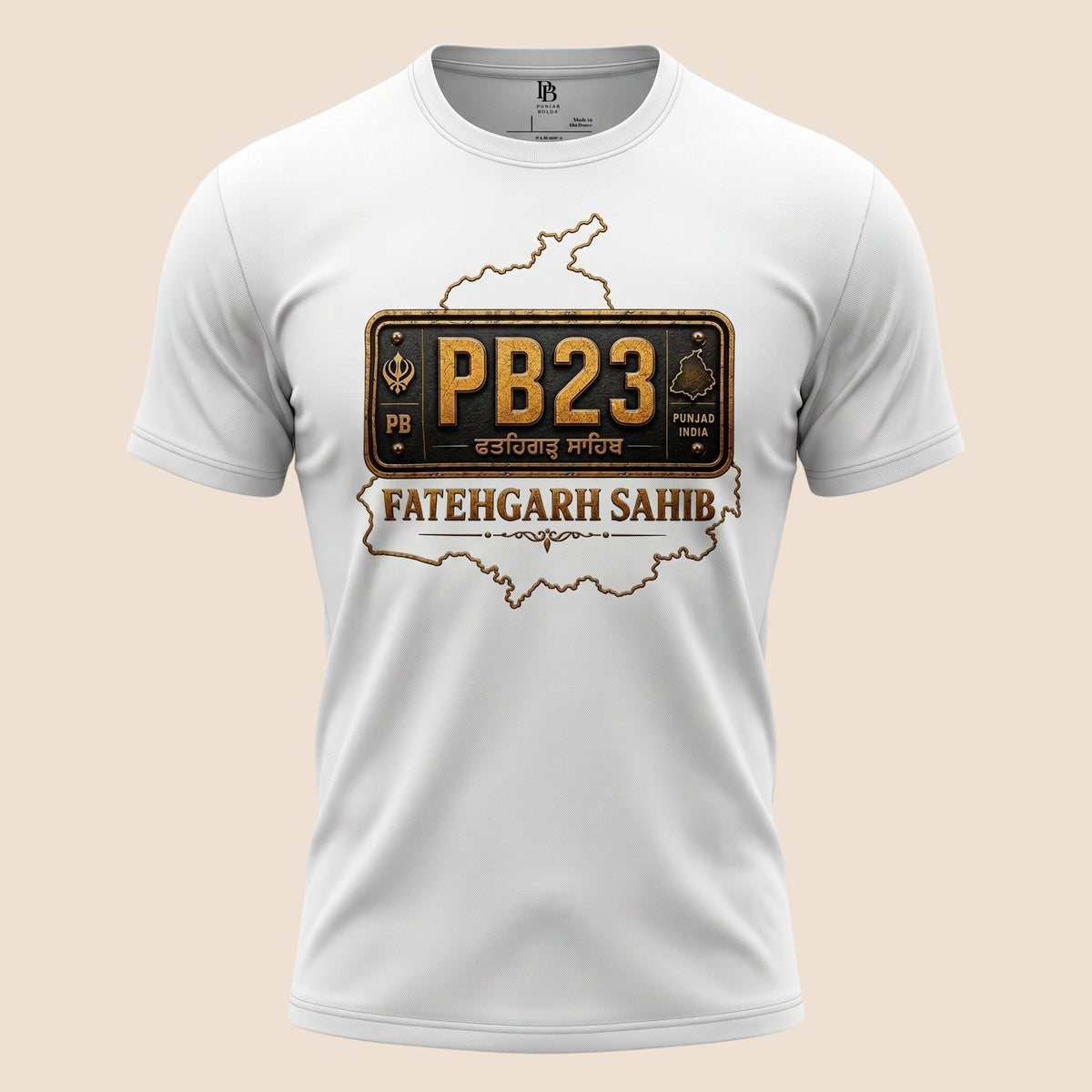 PUNJAB BOLDA white unisex classic tee featuring a Fatehgarh Sahib PB23 license plate graphic and district map.