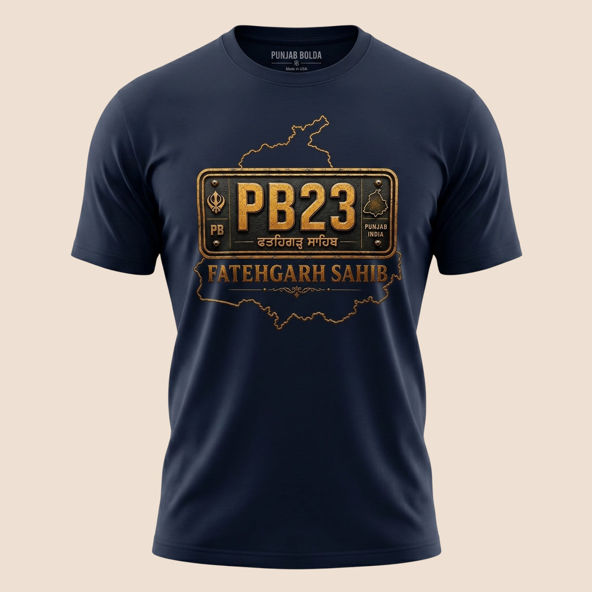 PUNJAB BOLDA navy blue unisex classic tee featuring a gold Fatehgarh Sahib PB23 district license plate graphic.