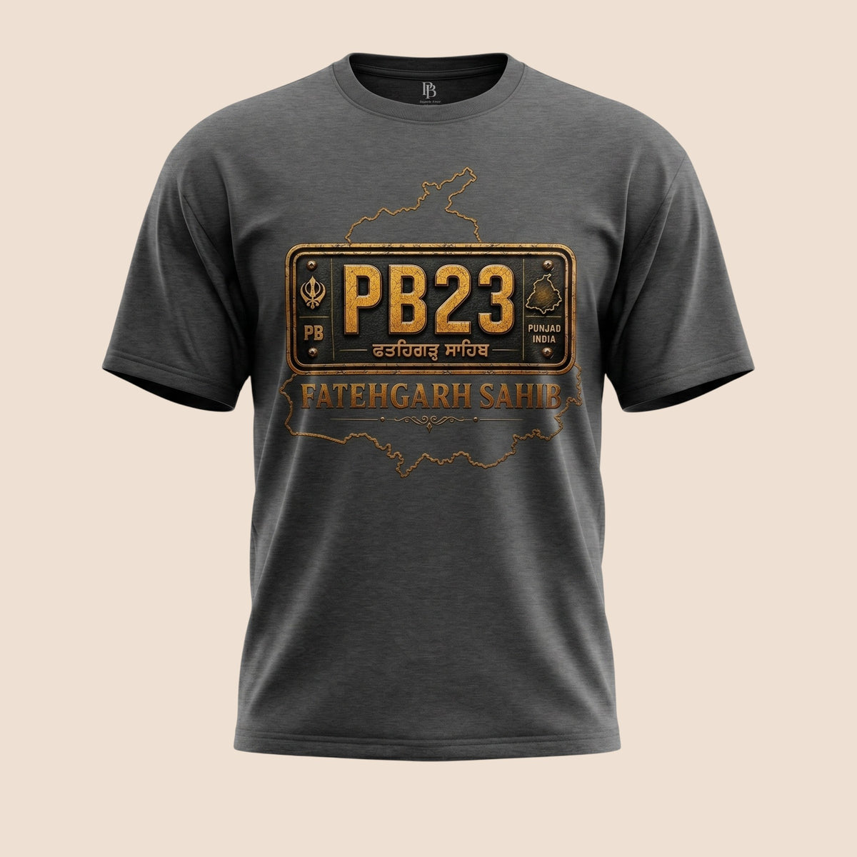 PUNJAB BOLDA unisex grey classic tee featuring a vintage PB23 Fatehgarh Sahib license plate graphic design.