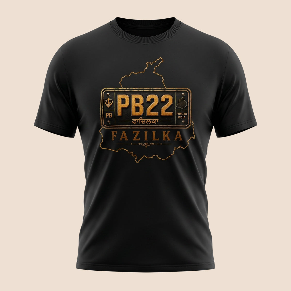 PUNJAB BOLDA black unisex classic tee featuring a gold PB22 Fazilka district license plate graphic design.