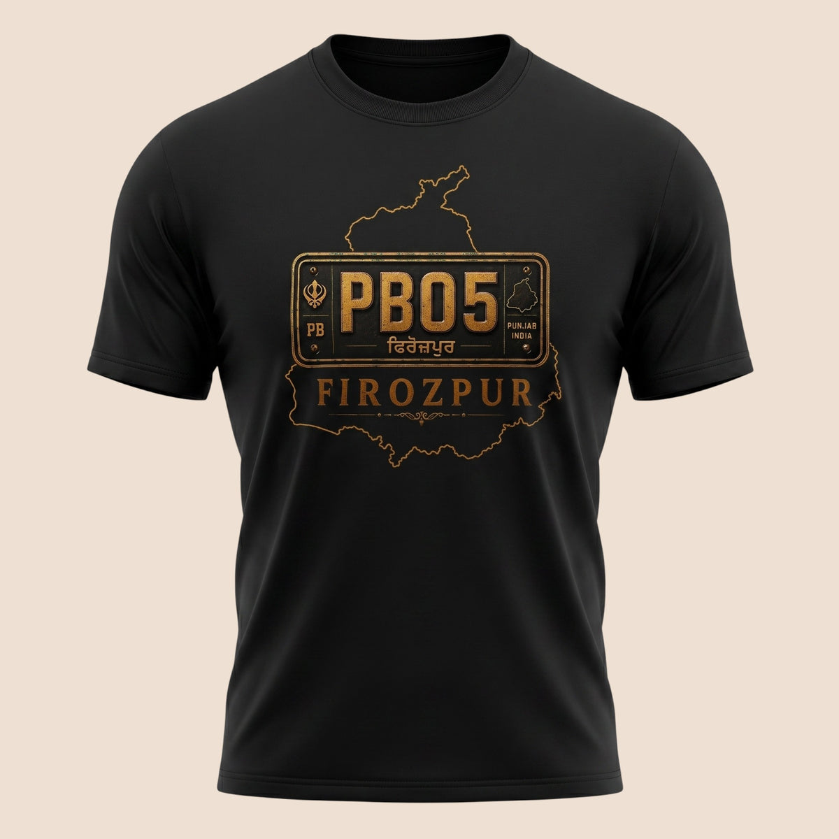 PUNJAB BOLDA black unisex classic tee featuring a gold PB05 Firozpur district graphic from the JILA collection.