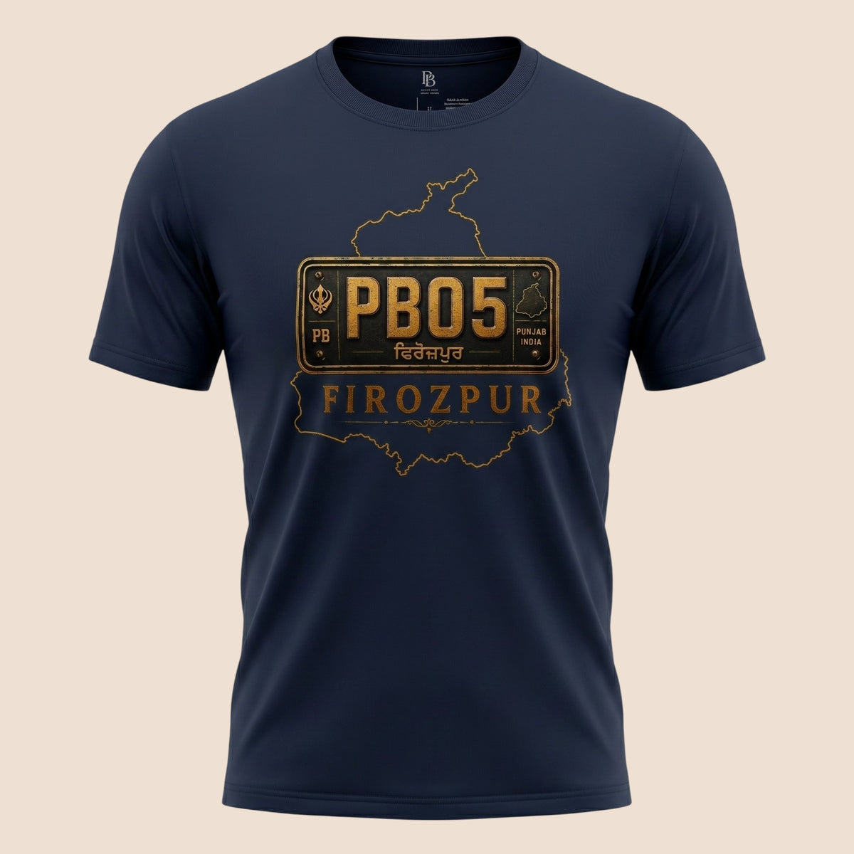 PUNJAB BOLDA navy blue unisex classic tee featuring a gold Firozpur district license plate graphic from JILA collection