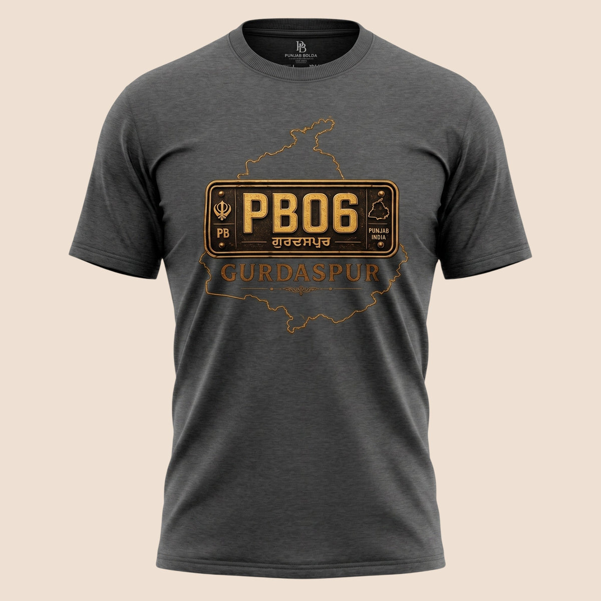 PUNJAB BOLDA charcoal grey unisex classic tee featuring a Gurdaspur PB06 license plate graphic and district map.