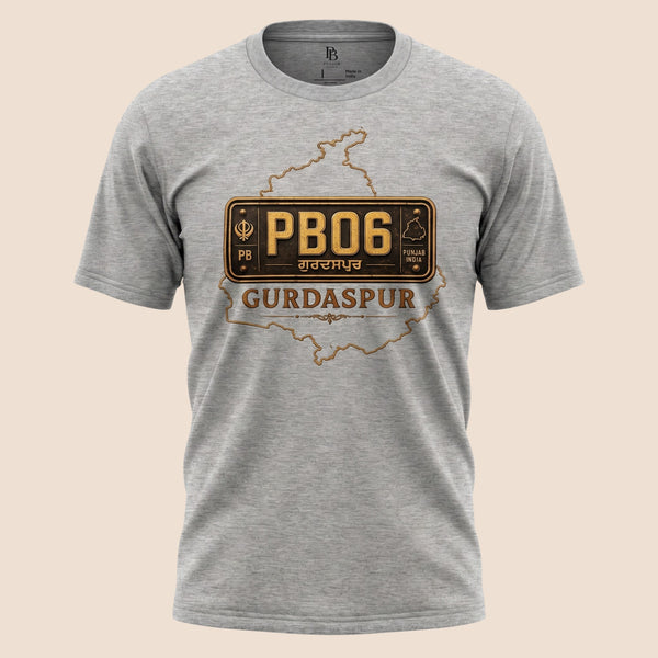 PUNJAB BOLDA grey unisex classic tee featuring a Gurdaspur PB06 license plate graphic and district map outline.