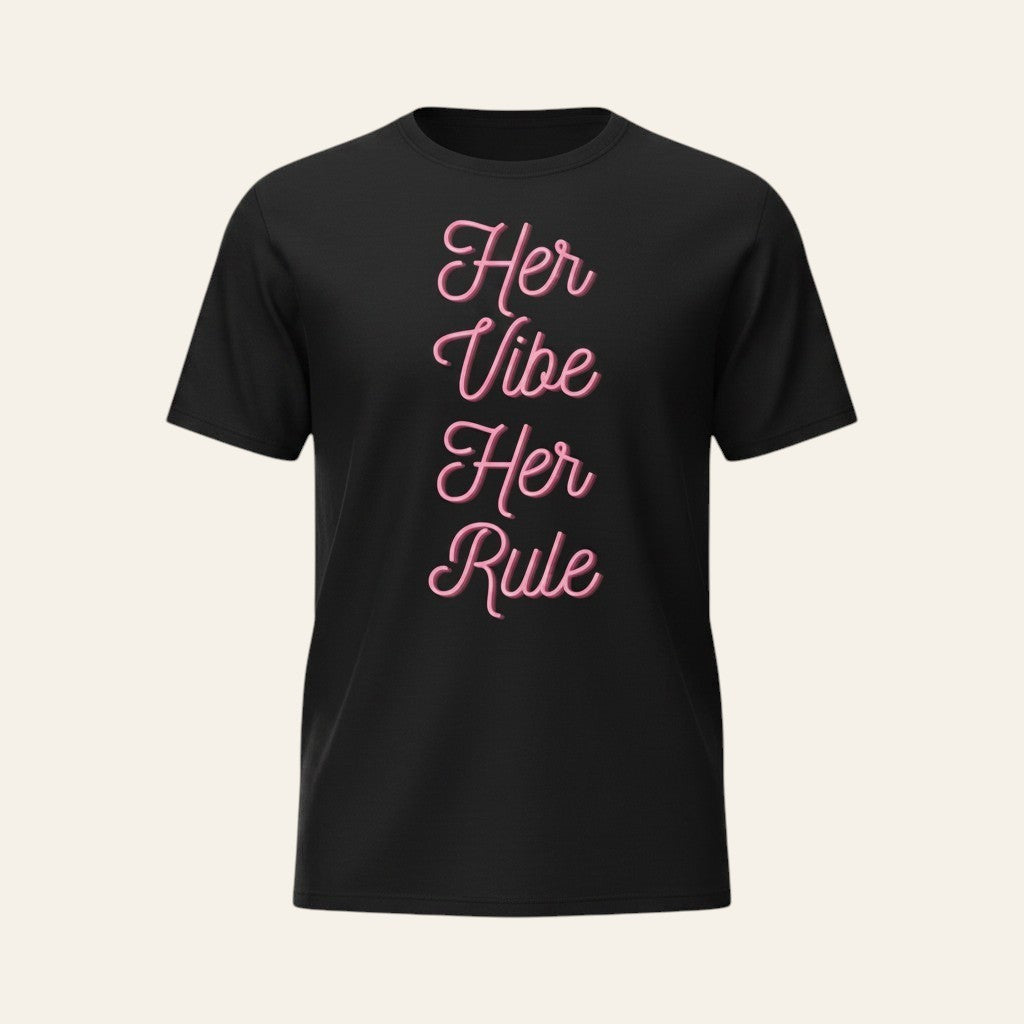 PUNJAB BOLDA black unisex cotton t-shirt featuring pink cursive text reading Her Vibe Her Rule on the front.