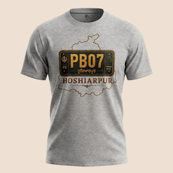 PUNJAB BOLDA grey unisex cotton t-shirt featuring a Hoshiarpur PB07 license plate graphic and map outline design.