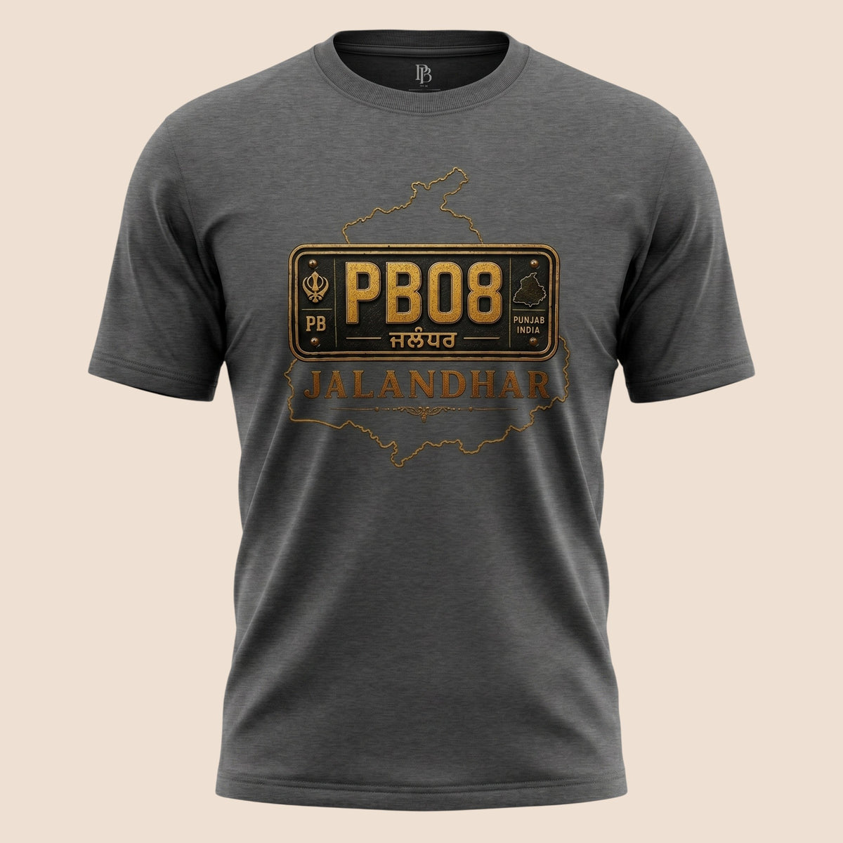 PUNJAB BOLDA charcoal grey unisex classic tee featuring a PB08 Jalandhar district license plate graphic design.