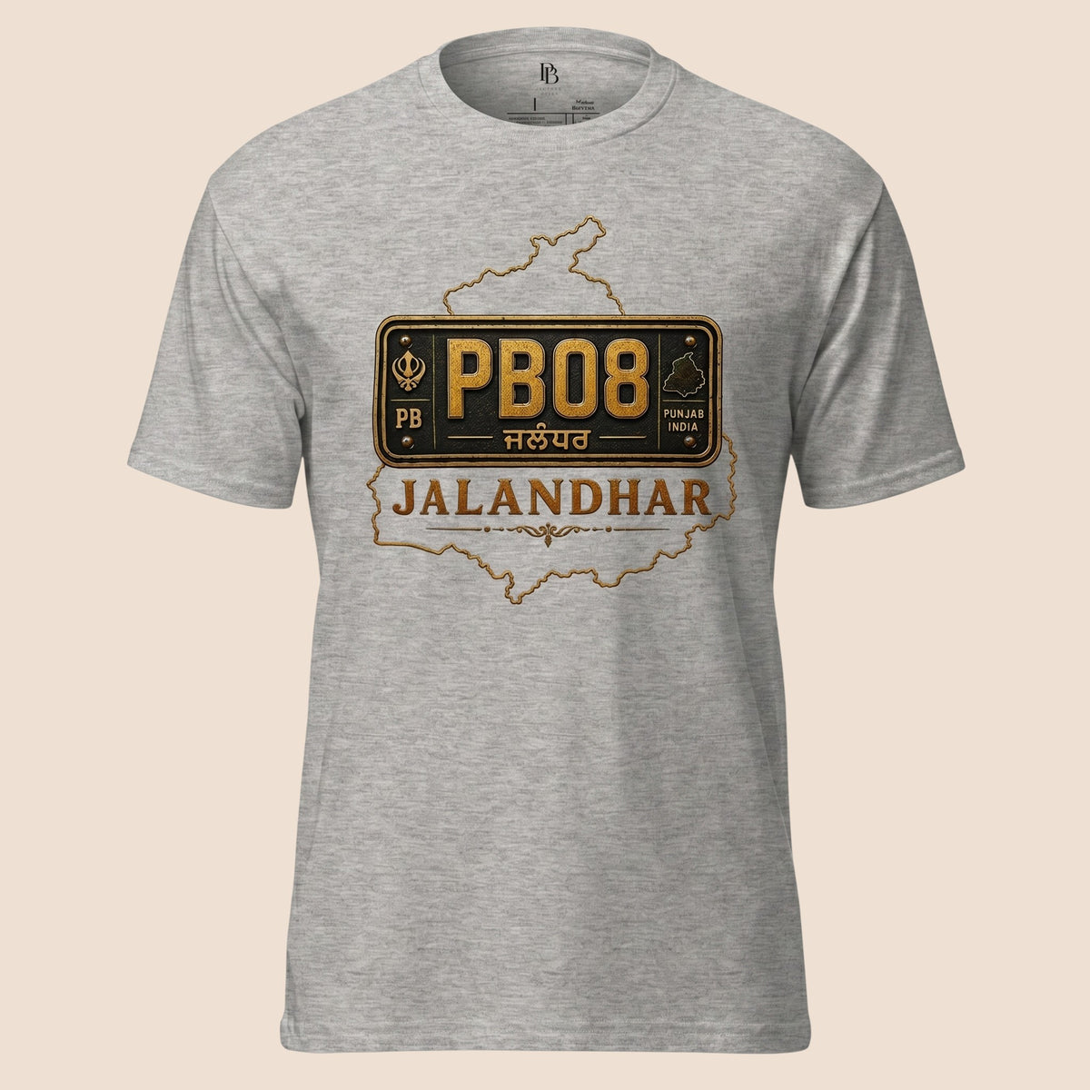 PUNJAB BOLDA grey unisex classic tee featuring a Jalandhar district license plate graphic with PB08 text.