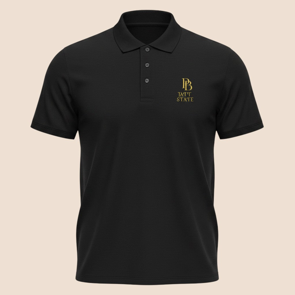 PUNJAB BOLDA black JATT STATE premium pique cotton polo shirt with ribbed collar and gold logo embroidery