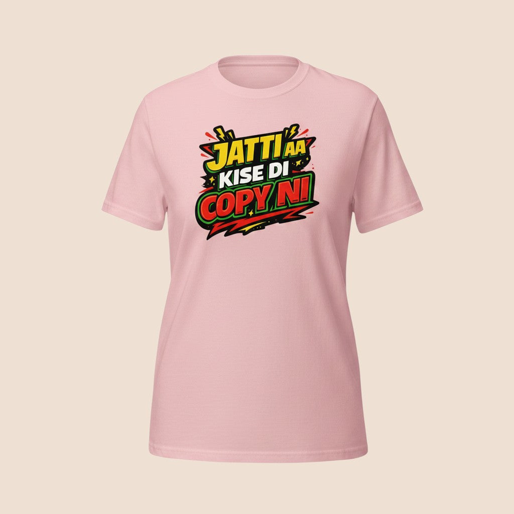 PUNJAB BOLDA light pink unisex cotton t-shirt featuring JATTI COPY NI graphic print in yellow, red, and green.