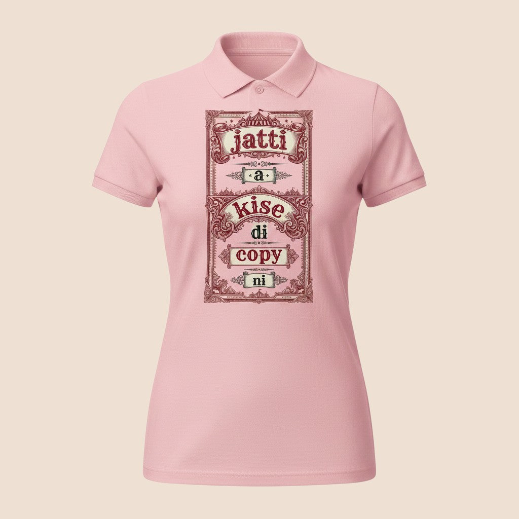 PUNJAB BOLDA light pink polo shirt featuring a vintage-style graphic print with the text Jatti a Kise Di Copy Ni.