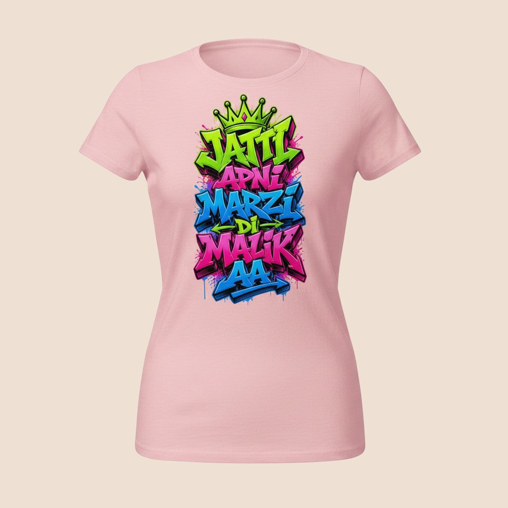 PUNJAB BOLDA light pink cotton unisex tee featuring vibrant graffiti-style JATTI MALIK typography and a green crown.