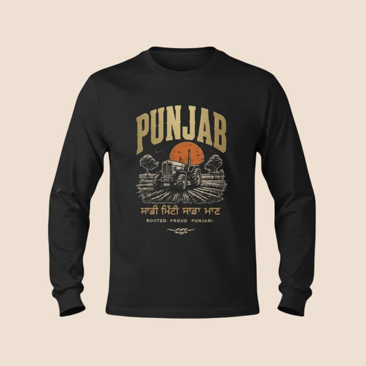 PUNJAB BOLDA black long-sleeve cotton shirt featuring a graphic of a tractor in a field at sunset.