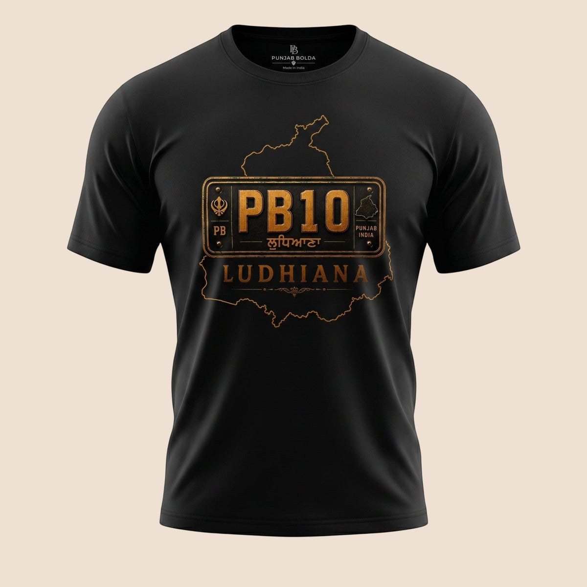 PUNJAB BOLDA black unisex classic tee featuring a gold PB10 Ludhiana district graphic print on the chest.