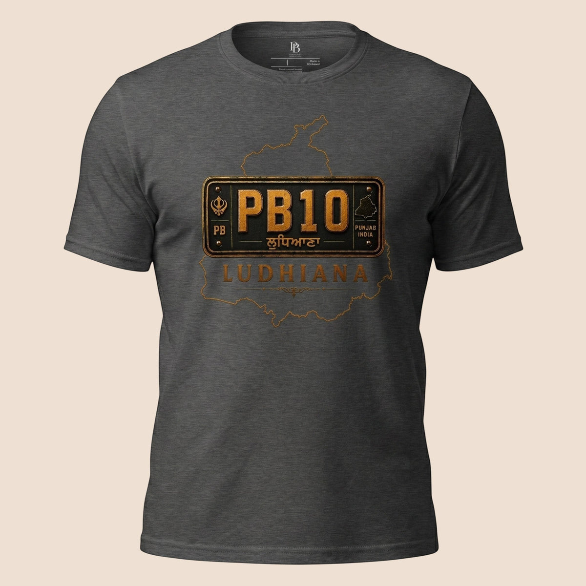 PUNJAB BOLDA charcoal grey unisex classic tee featuring a PB10 Ludhiana district graphic print on the chest.